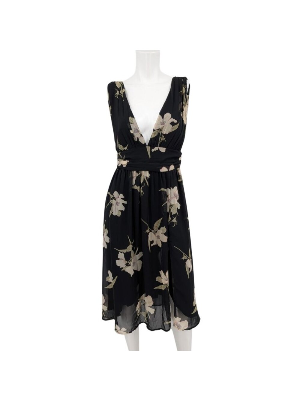 Floral Plunge Midi Dress Deep V Cottage Fairy Romantic Side Slit Occasion Medium